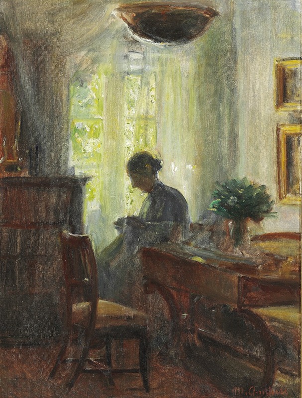 Michael Ancher - Interieur fra Kunstnerens Hjem. Fru Anna Ancher ved Sytøjet