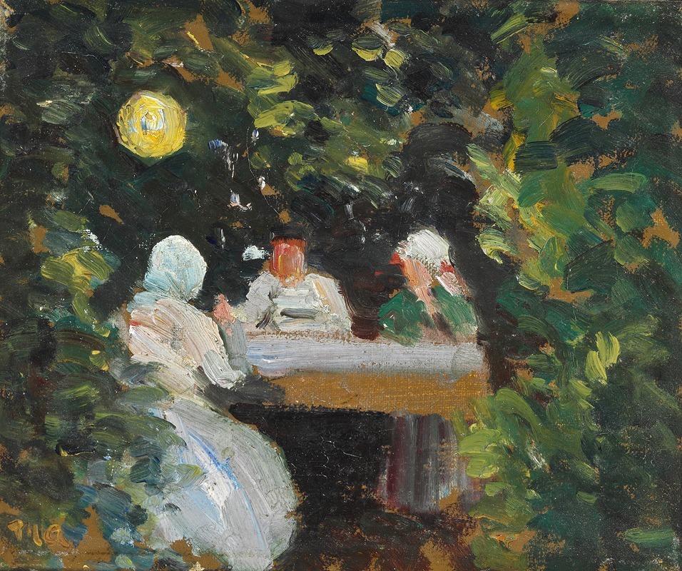 Michael Ancher - Komsammen i haven en sommeraften under lampen