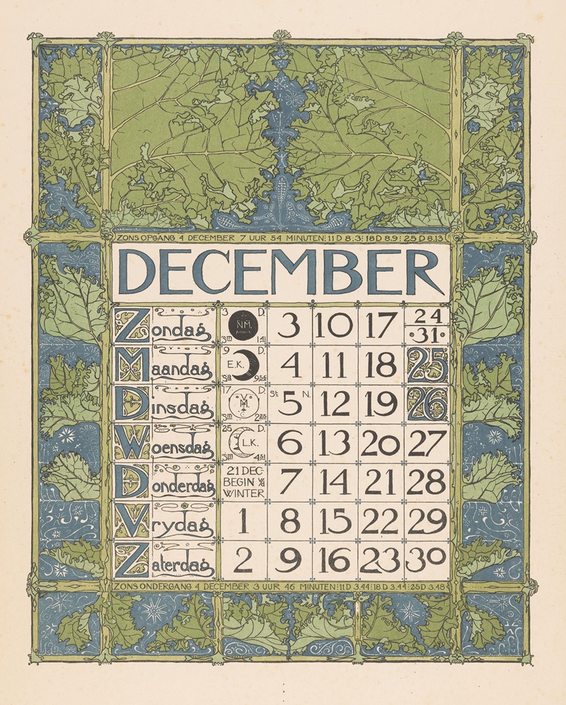 Kalenderblad voor december 1899 by Theo Nieuwenhuis - Artvee