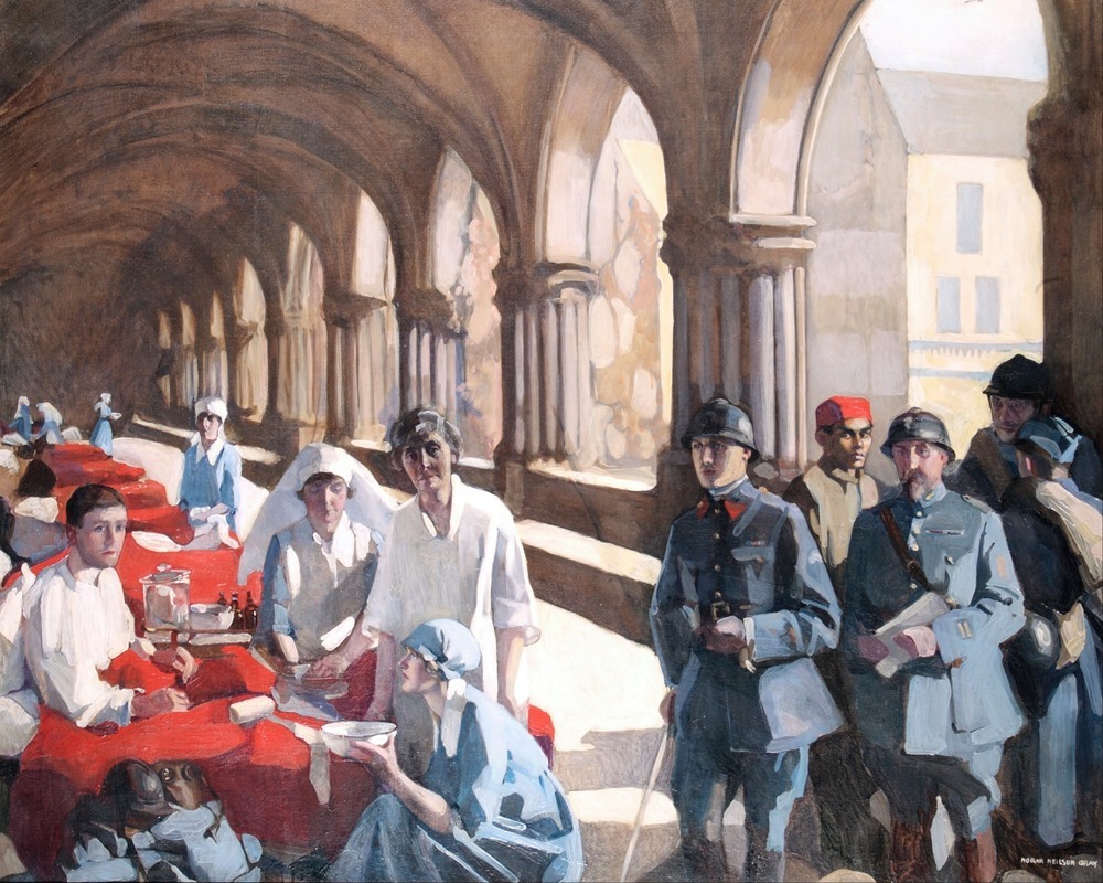 Norah Neilson Gray - The Scottish Women’s Hospital, In The Cloister of the Abbaye at Royaumont. Dr. Frances Ivens inspec…