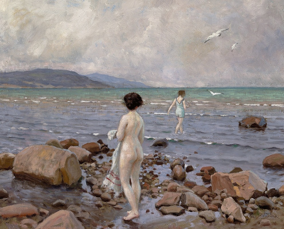 Paul Fischer - To badepiger på en stenet strand