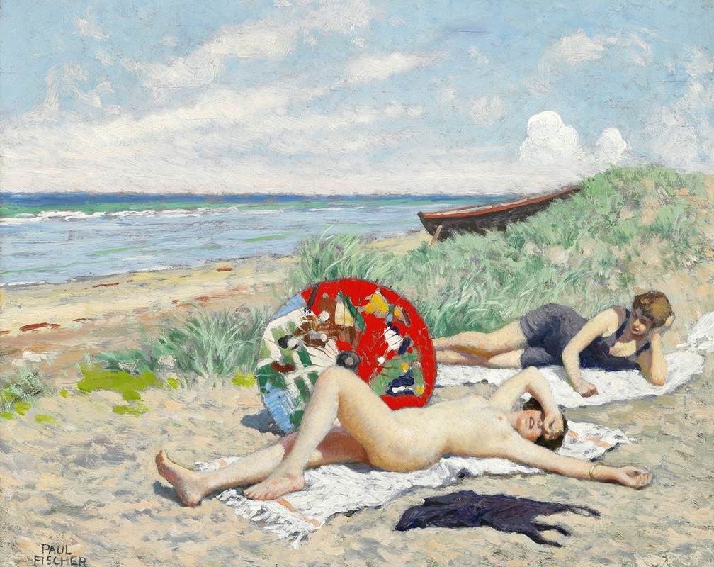 Paul Fischer - To piger og en japansk parasol på Hornbæk strand