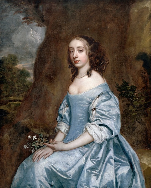 Sir Peter Lely - Portrait of a Lady in Blue holding a Flower