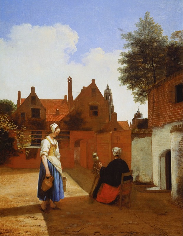 Pieter De Hooch - Courtyard in Delft at Evening- a Woman Spinning
