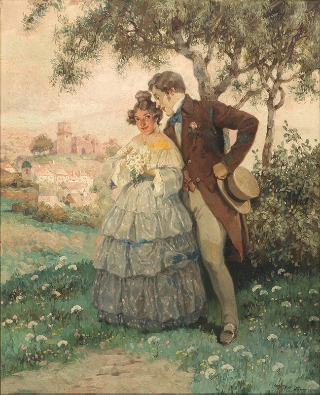 Rudolf Alfred Höger - Kærestepar under træet. I baggrunden byen Dürnstein