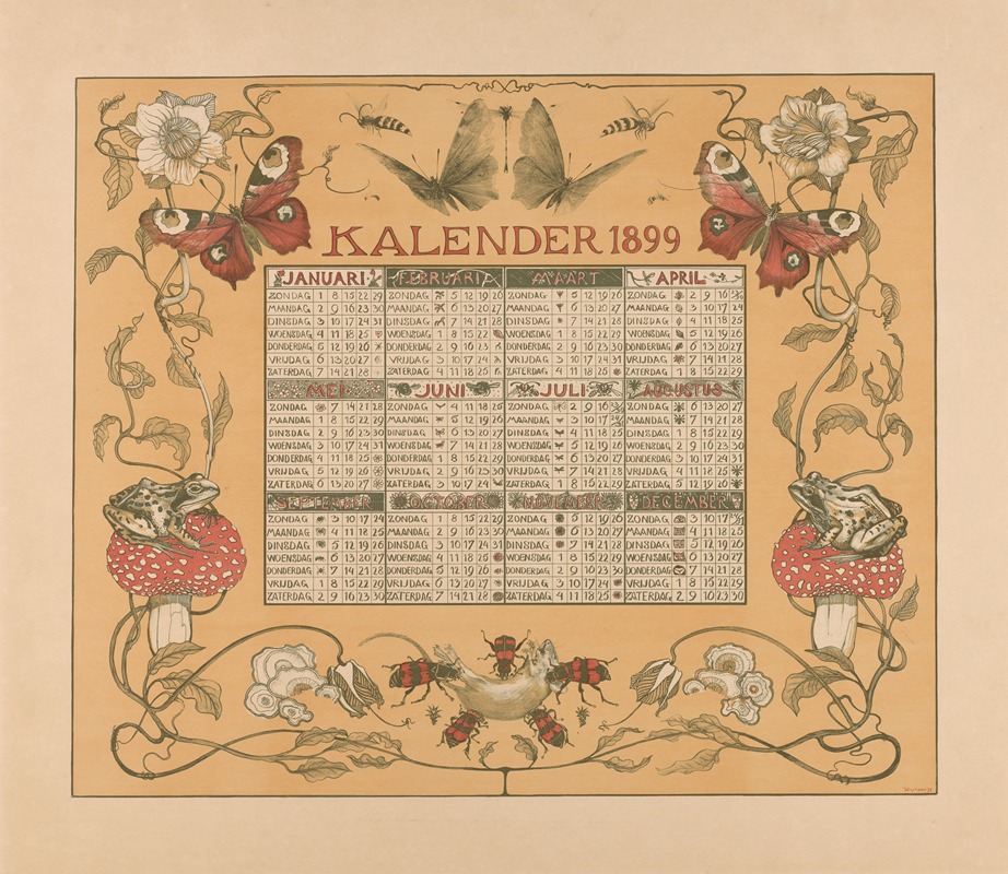 Theo van Hoytema - Kalender van het jaar 1899, met bloemen, insecten en kikkers.