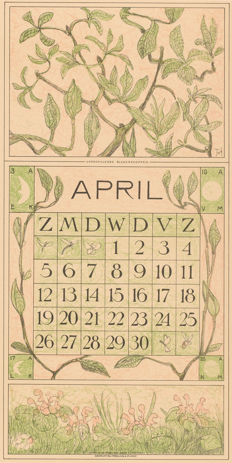 Theo van Hoytema - Kalenderblad april met bladeren