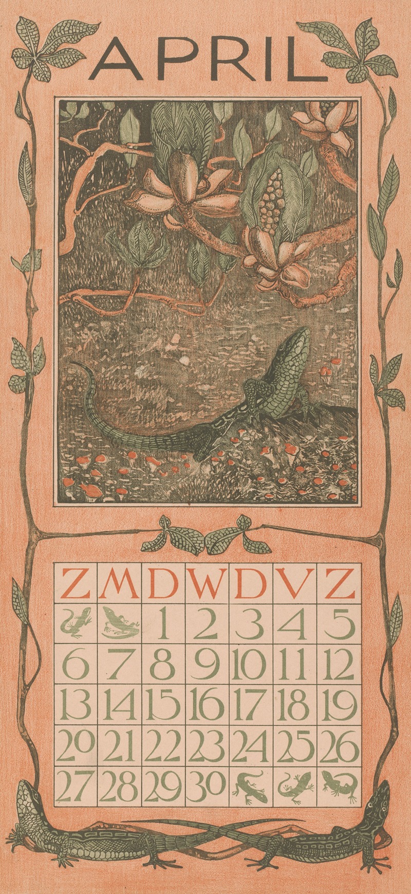 Theo van Hoytema - Kalenderblad april met een hagedis
