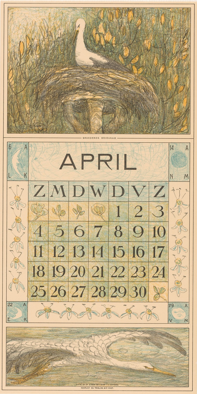 Theo van Hoytema - Kalenderblad april met ooievaar op het nest