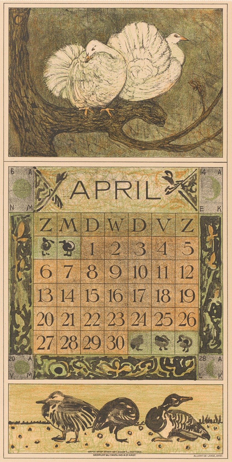 Theo van Hoytema - Kalenderblad april met twee duiven