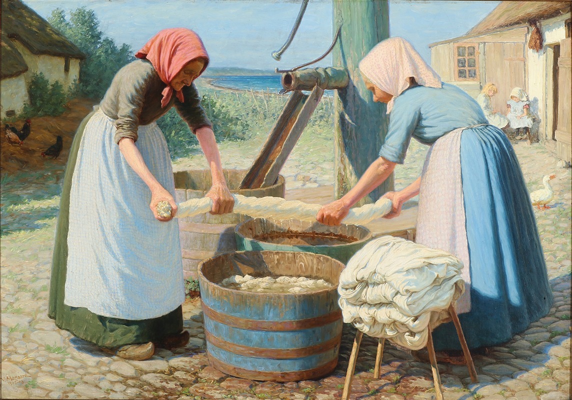 Valdemar Magaard - Et par bondekoner vasker tøj på gårdspladsen