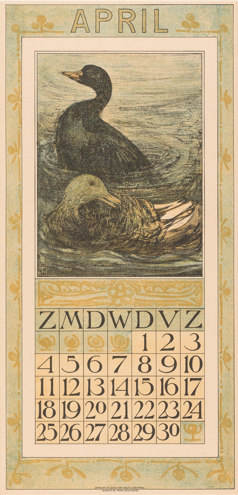 Theo van Hoytema - Kalenderblad april met twee zwemmende eenden