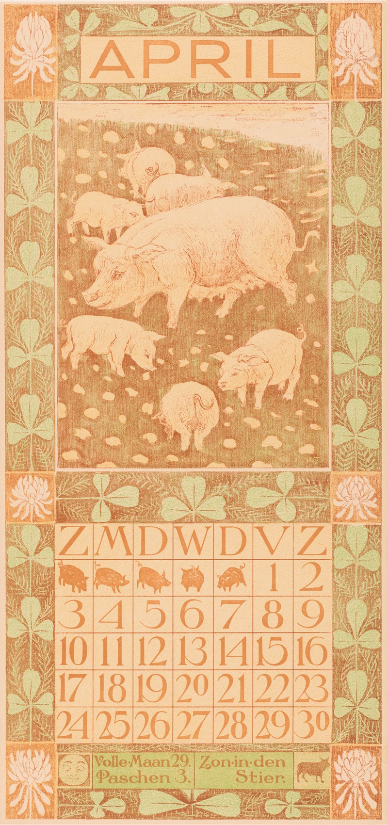 Theo van Hoytema - Kalenderblad april met varkens