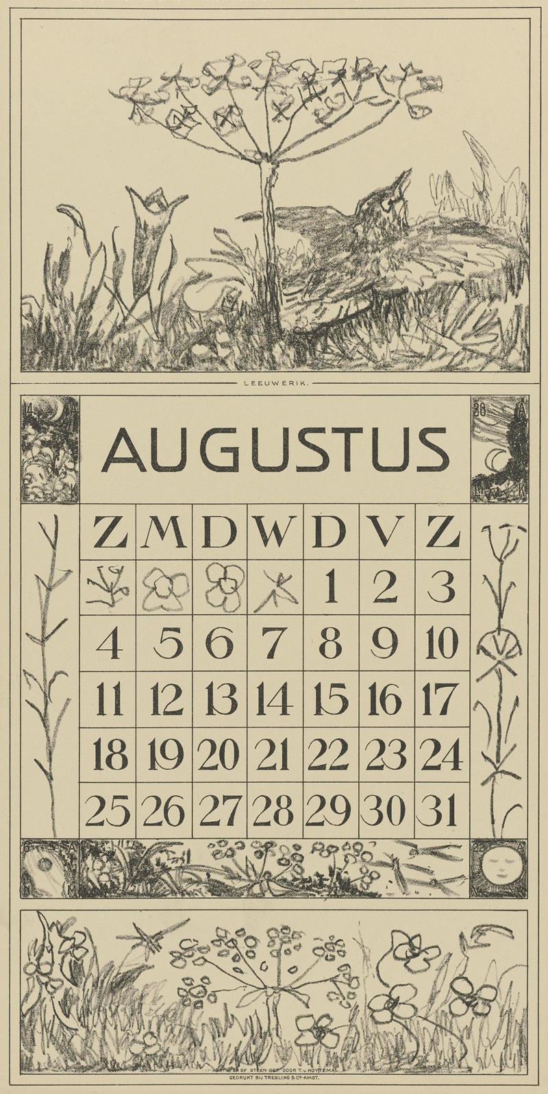 Theo van Hoytema - Kalenderblad augustus met leeuwerik en bloem
