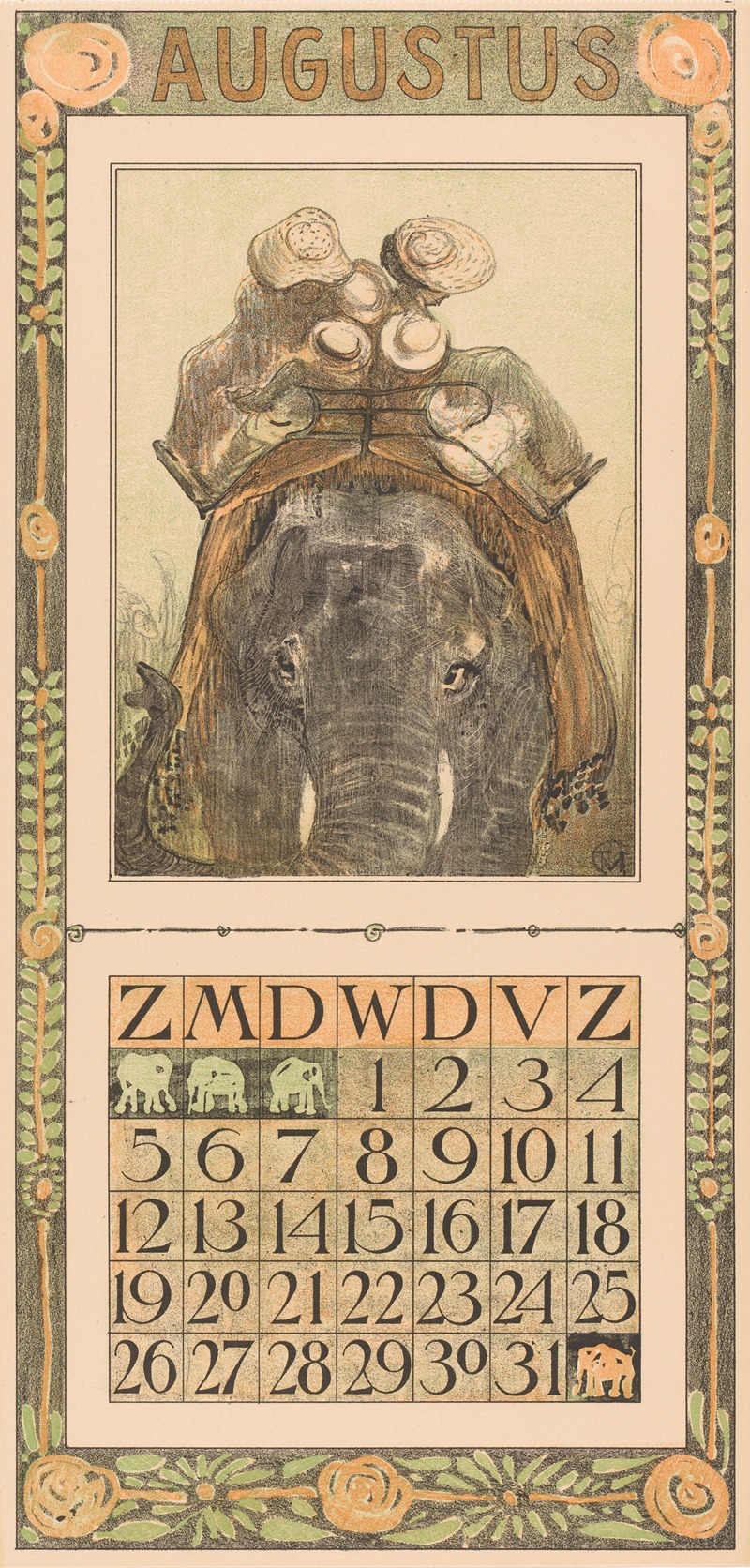 Theo van Hoytema - Kalenderblad augustus met olifant