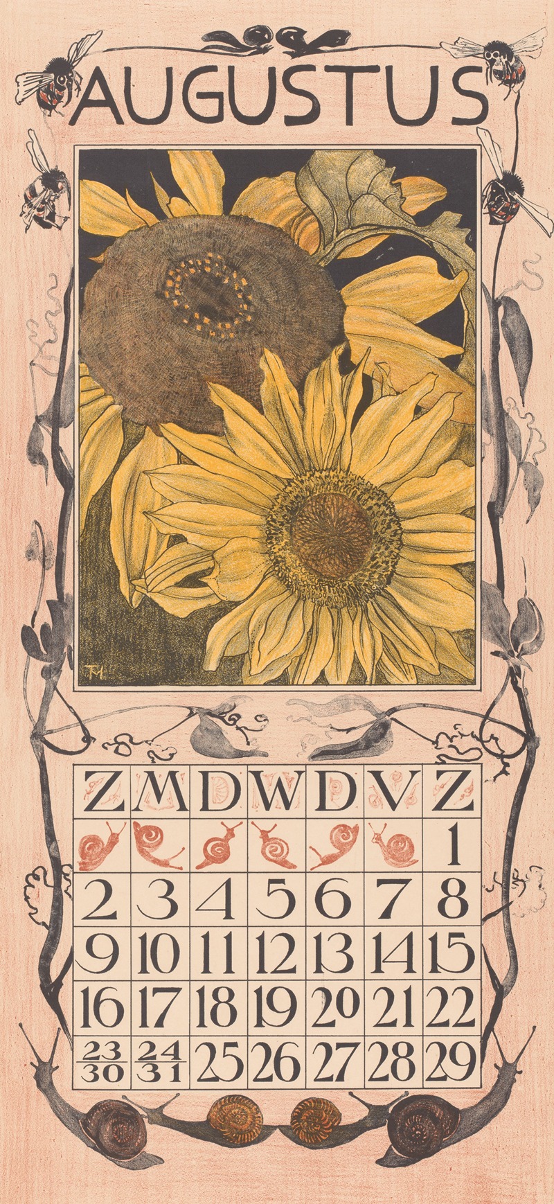 Theo van Hoytema - Kalenderblad augustus met zonnebloemen