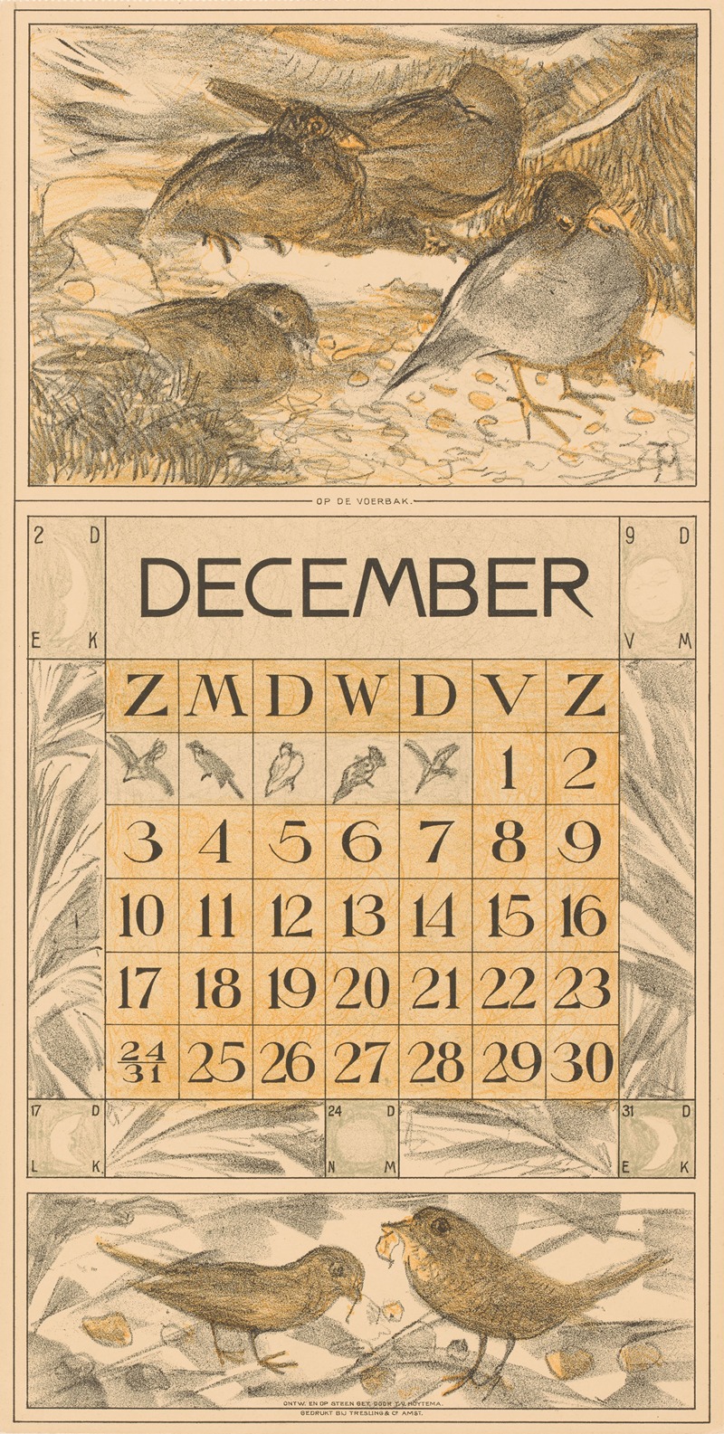 Theo van Hoytema - Kalenderblad december met etende vogels