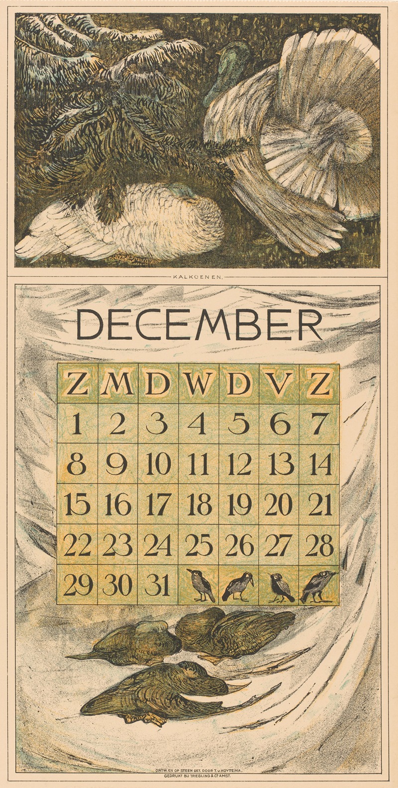 Theo van Hoytema - Kalenderblad december met kalkoenen en eenden