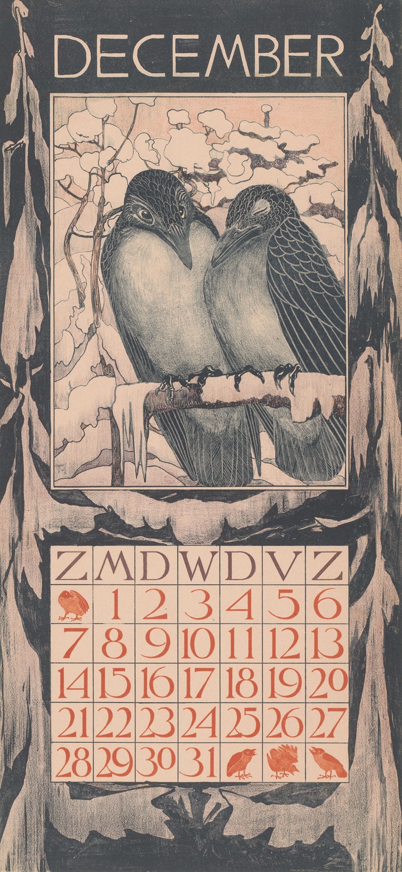 Theo van Hoytema - Kalenderblad december met twee vogels