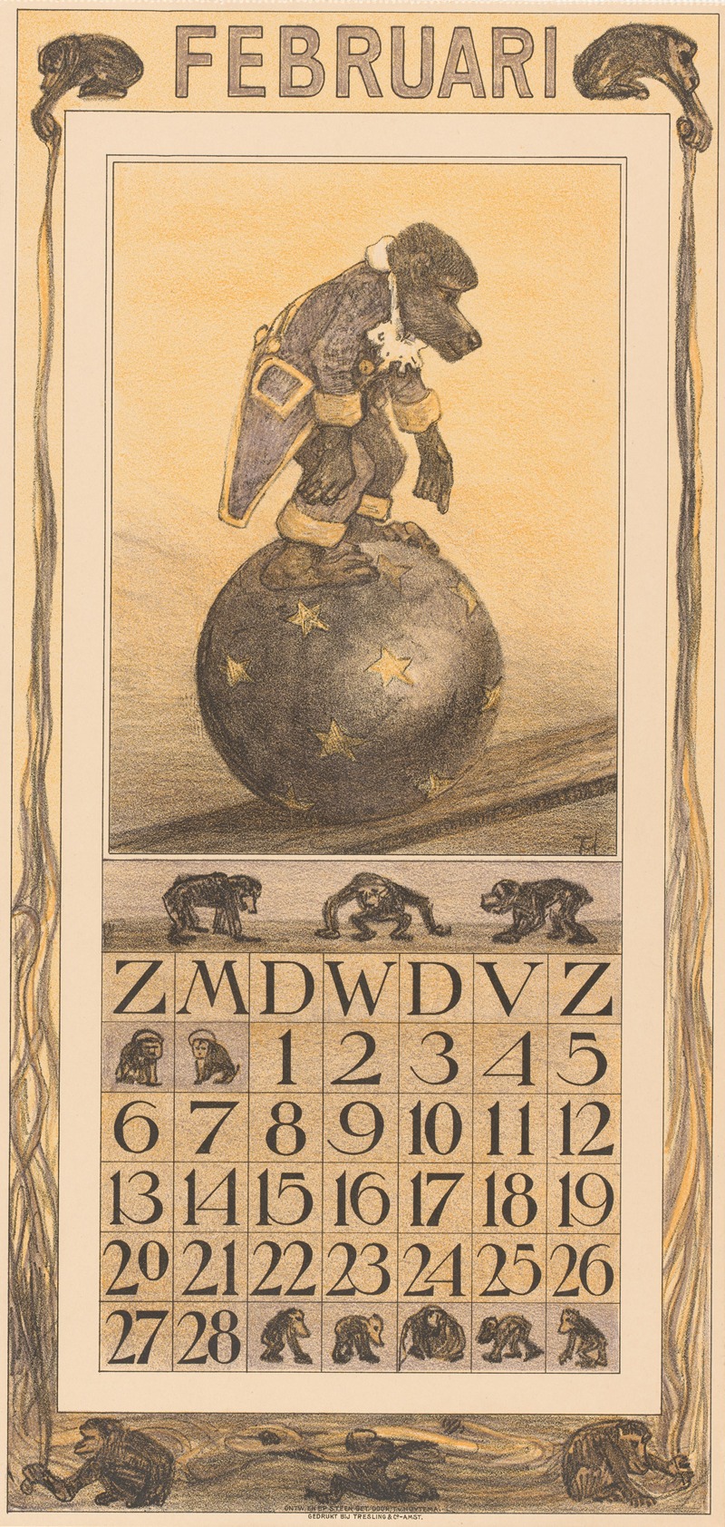 Theo van Hoytema - Kalenderblad februari met aap op een bal
