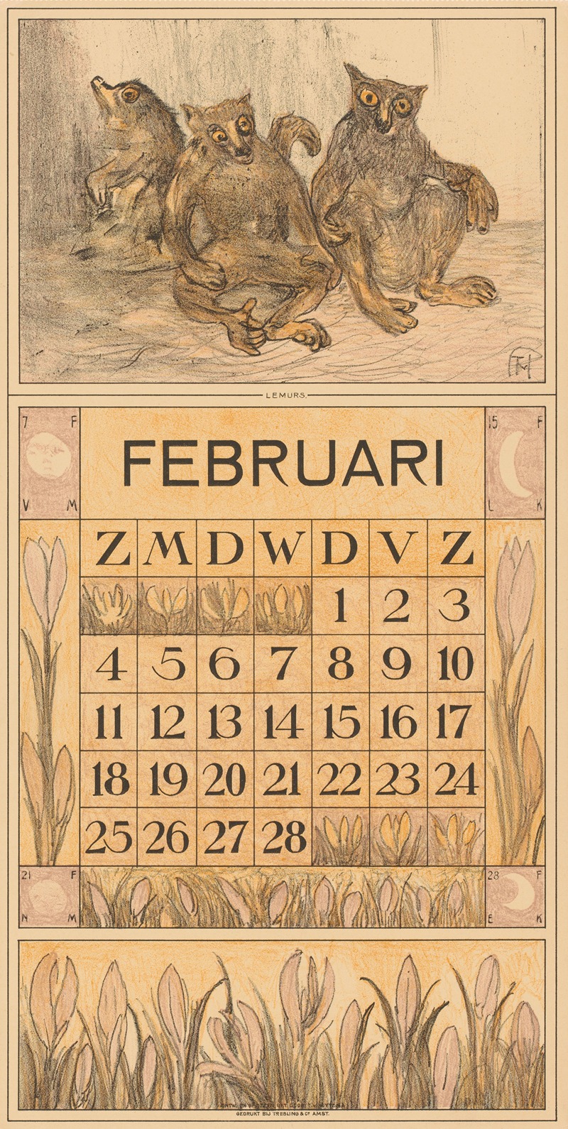 Theo van Hoytema - Kalenderblad februari met lemuren
