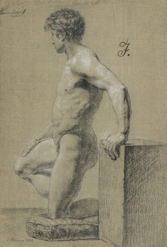 Christoffer Wilhelm Eckersberg - Mandlig knælende modelfigur, profil til venstre