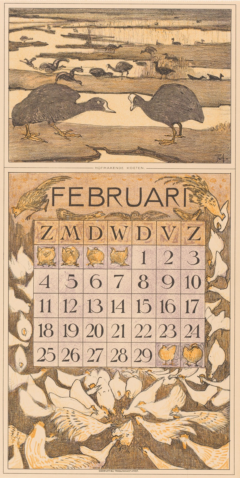 Theo van Hoytema - Kalenderblad februari met meerkoeten