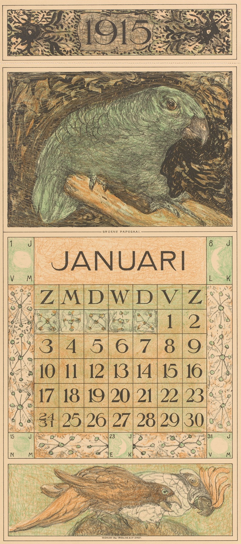 Theo van Hoytema - Kalenderblad januari met papegaai