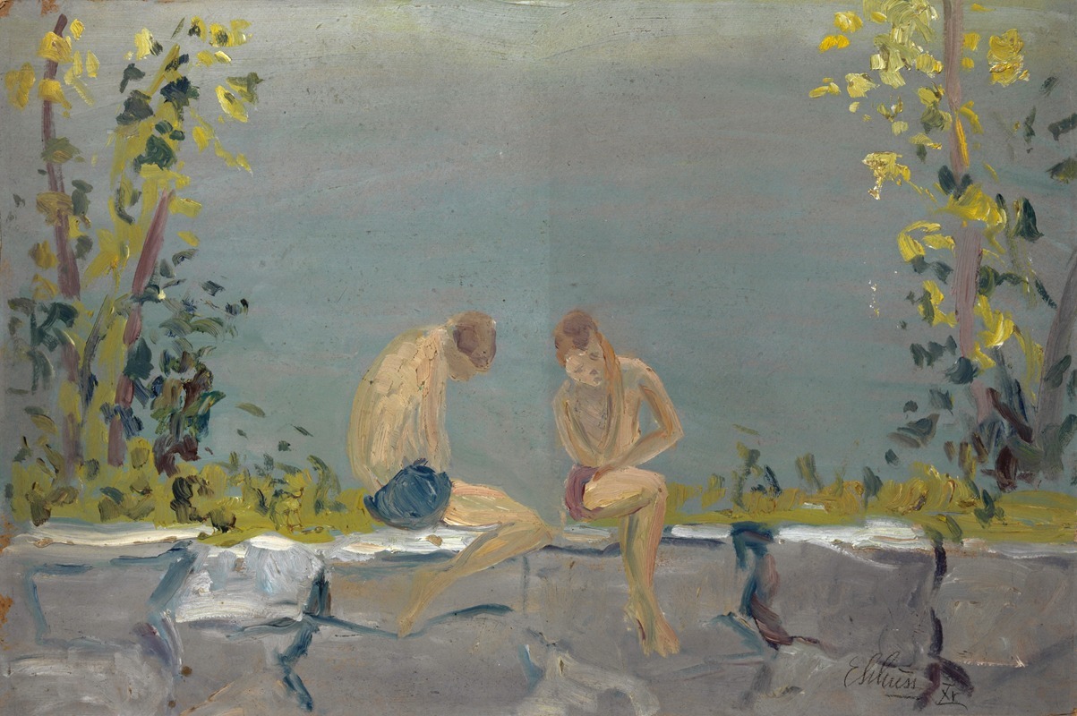 Ernst Schiess - Bathing Boys on a Wall at a Lake