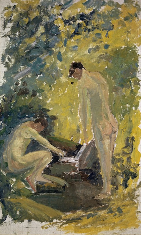Ernst Schiess - Two Nude Young Men in a River in the Woods