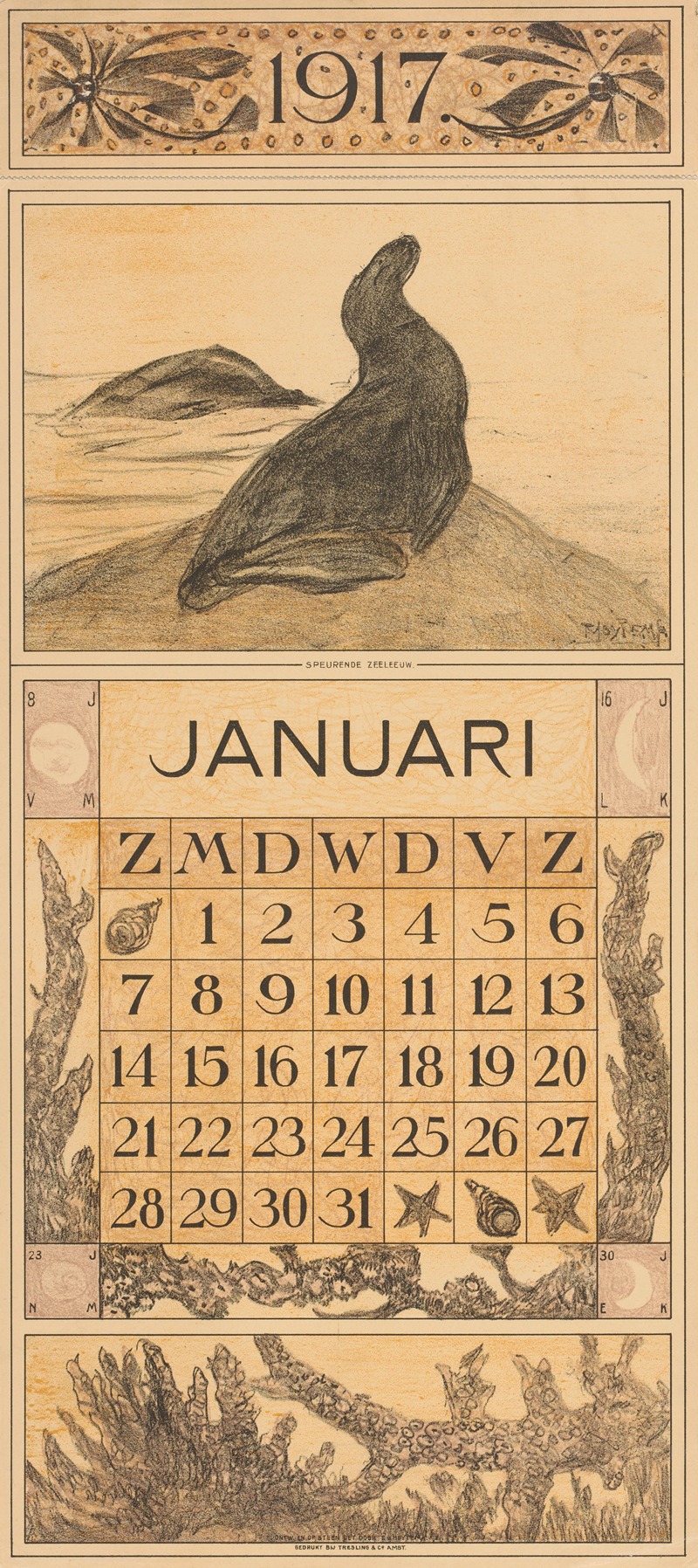 Theo van Hoytema - Kalenderblad januari met zeeleeuw