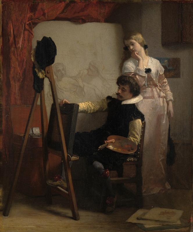 Florent Willems - Een schilder voor zijn ezel toont een schilderij aan een meisje