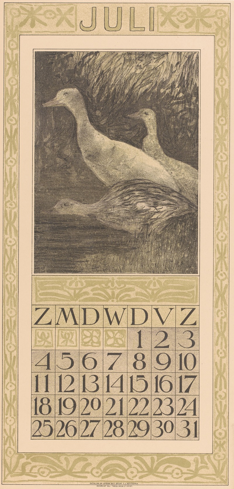 Theo van Hoytema - Kalenderblad juli met drie eenden aan de waterkant