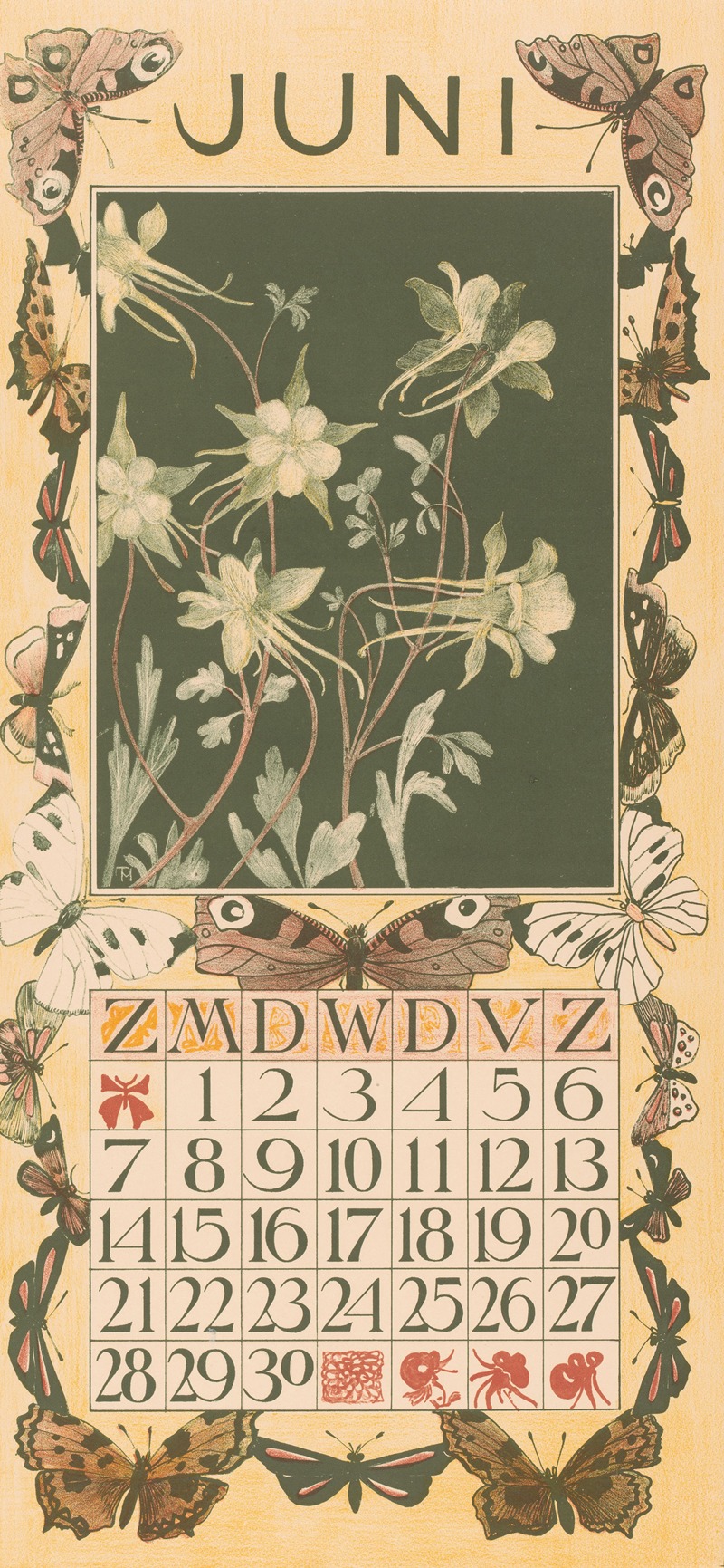 Theo van Hoytema - Kalenderblad juni met akeleien en vlinders
