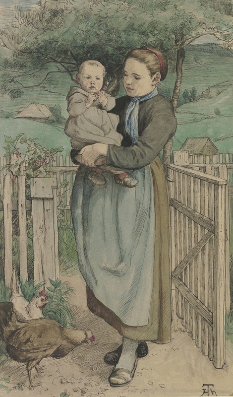 Hans Thoma - Bauernmädchen mit einem Kind auf dem Arm an einem Holzgitter stehend