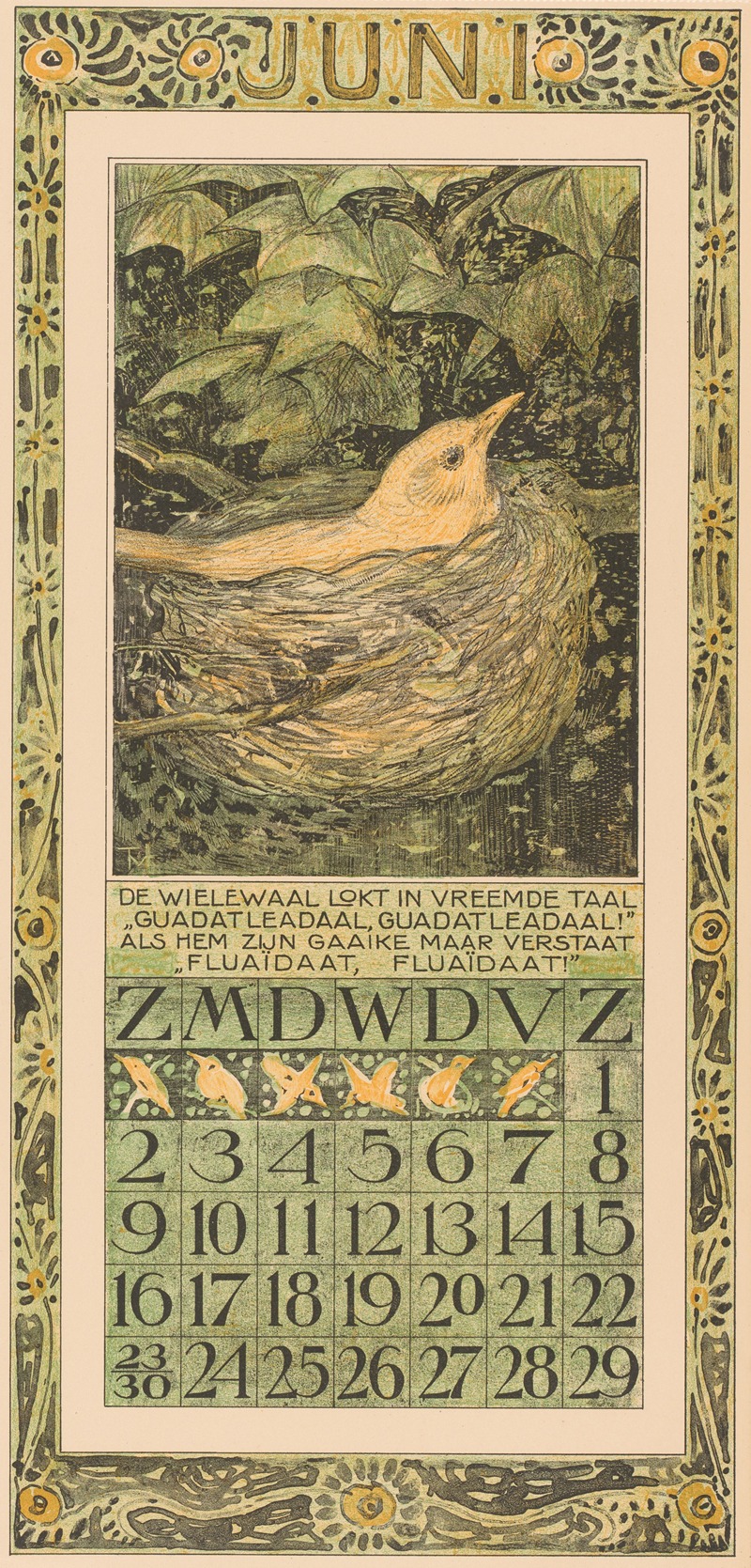 Theo van Hoytema - Kalenderblad juni met broedende vogel