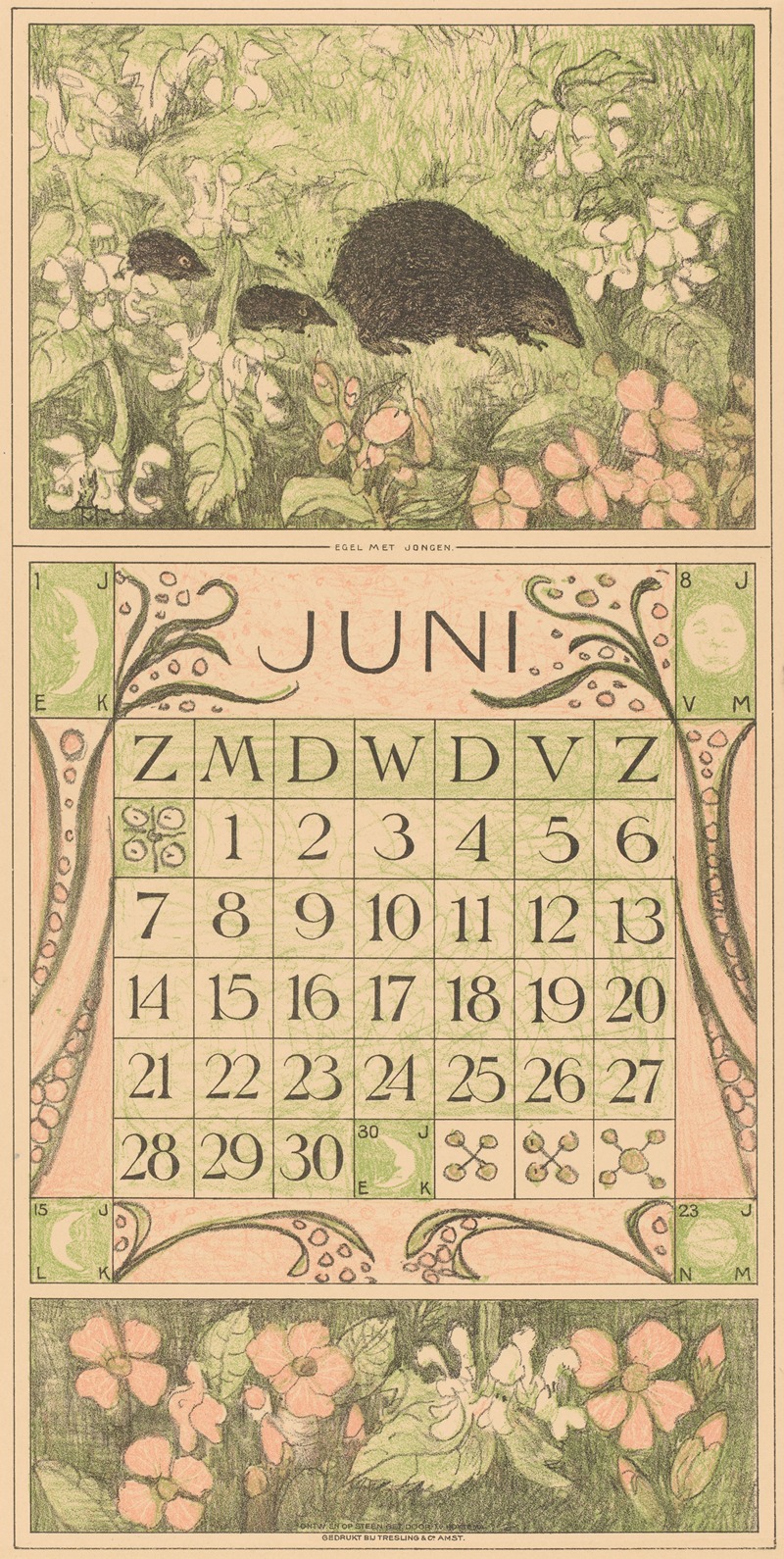 Theo van Hoytema - Kalenderblad juni met egels