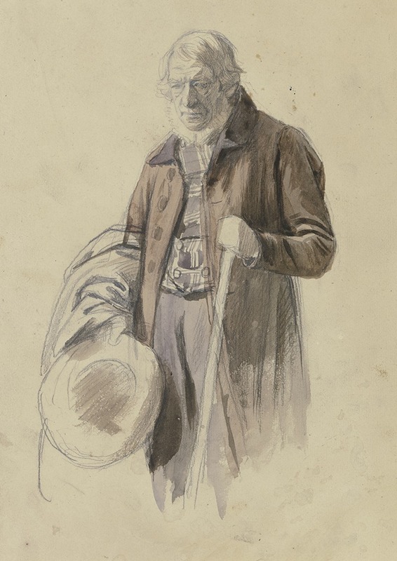 Jakob Becker - Bärtiger Mann mit abgenommenen Hut und Mantel über dem Arm, in der Linken ein Stab