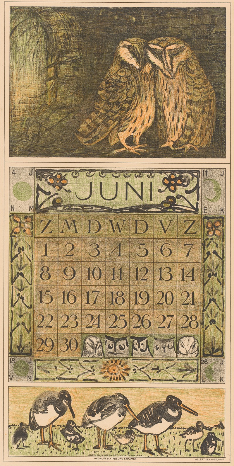 Theo van Hoytema - Kalenderblad juni met uilen en scholeksters