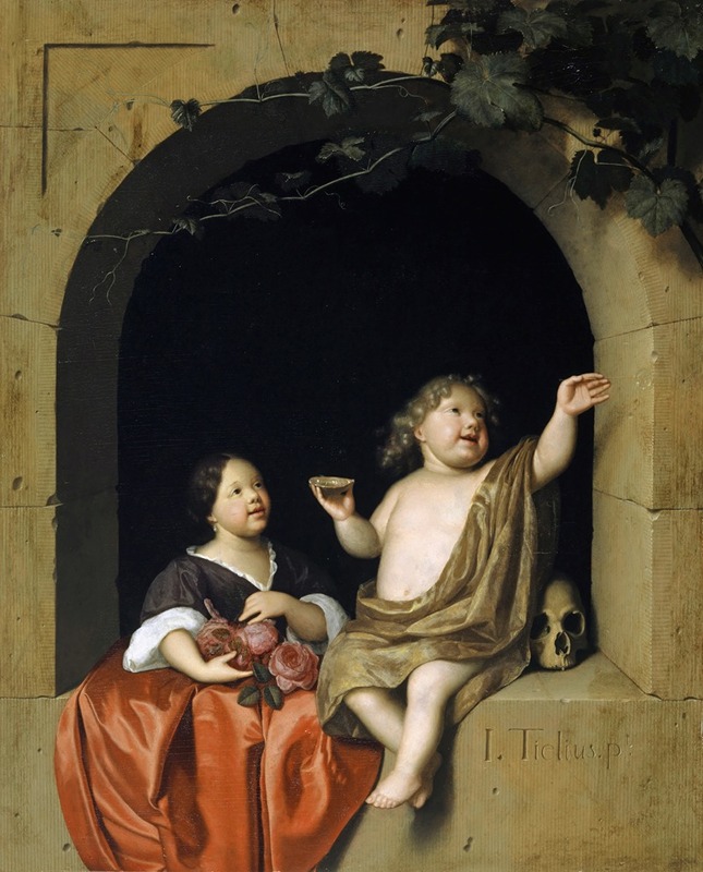 Jan Tilius - Two Children at a Window, Looking at a Soap Bubble