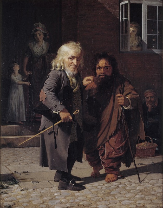 Jens Juel - Two Dwarfs; Obligeert, a Jewish pigtail-ribbon Vendor, beside the Roman Dwarf Bajocco in one of the Streets of Copenhagen