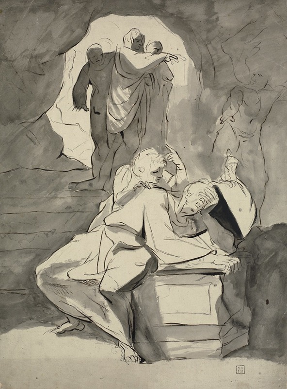 Henry Fuseli - A man in despair over a tombstone in a cave with other figures