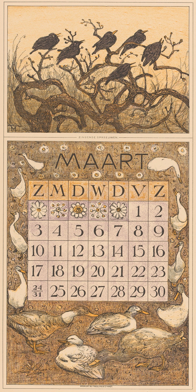 Theo van Hoytema - Kalenderblad maart met spreeuwen en eenden