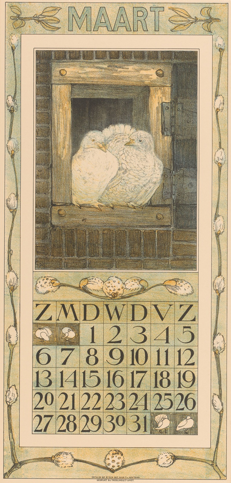 Theo van Hoytema - Kalenderblad maart met twee witte duiven