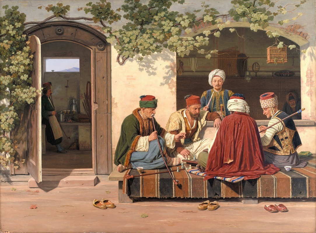 Martinus Rørbye - A party of chess players outside a Turkish coffeehouse and barbershop