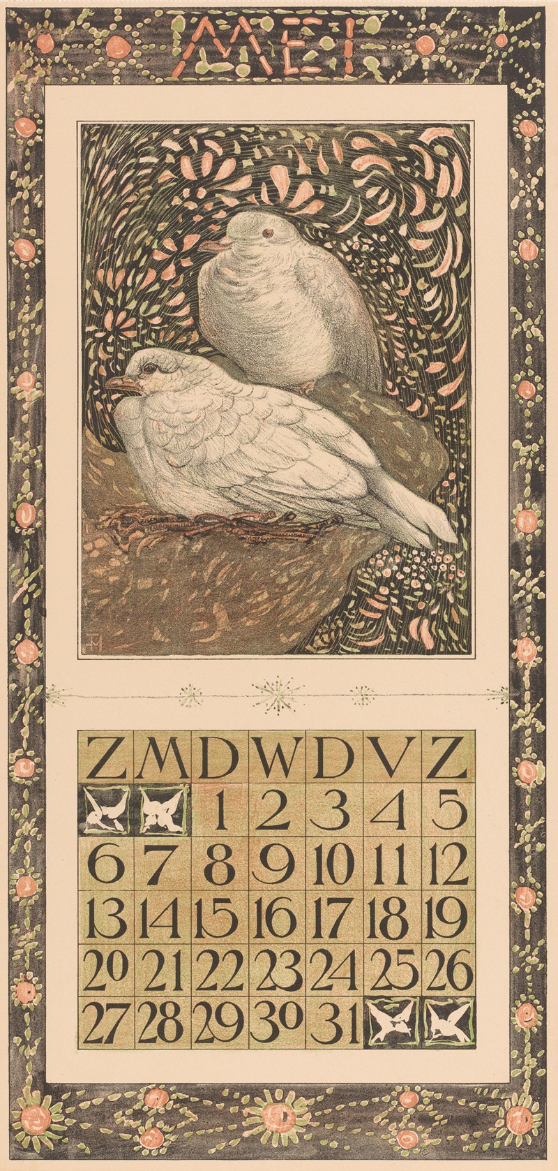 Theo van Hoytema - Kalenderblad mei met twee duiven