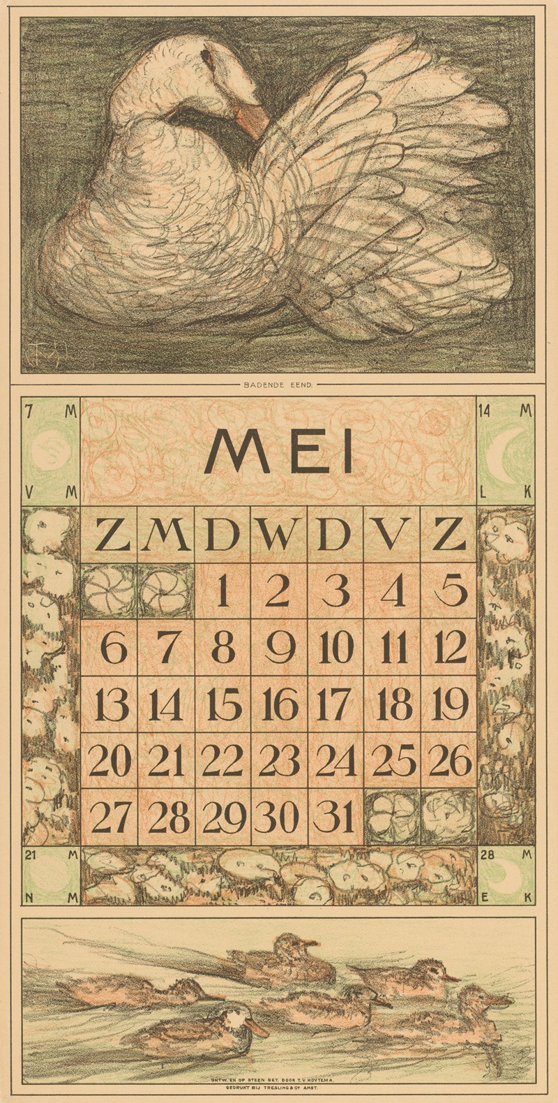 Theo van Hoytema - Kalenderblad mei met witte eend
