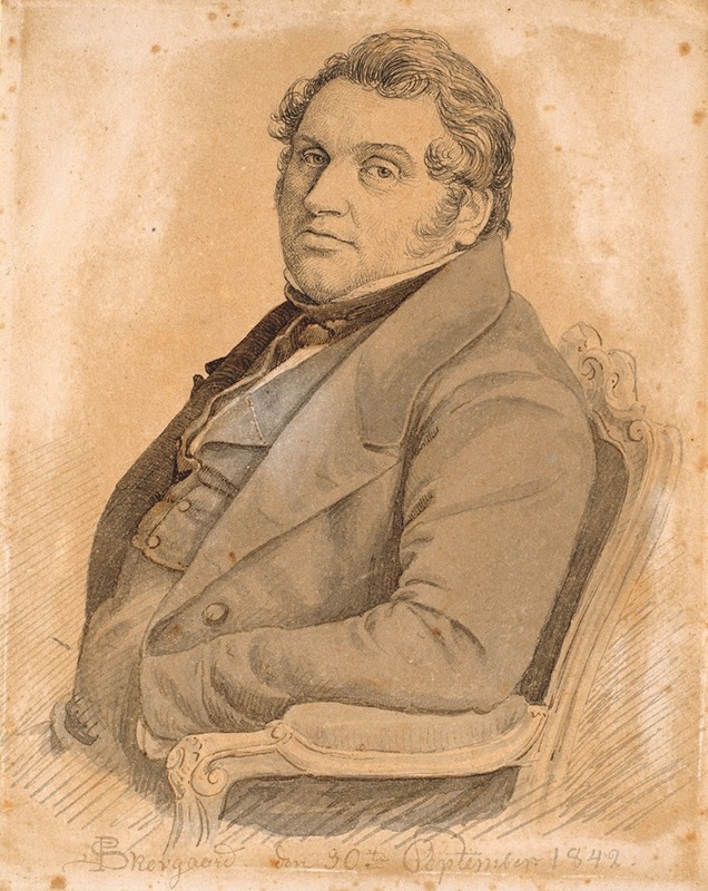 P. C. Skovgaard - Portræt af en siddende, korpulent mand i halvfigur, trekvart profil mod venstre