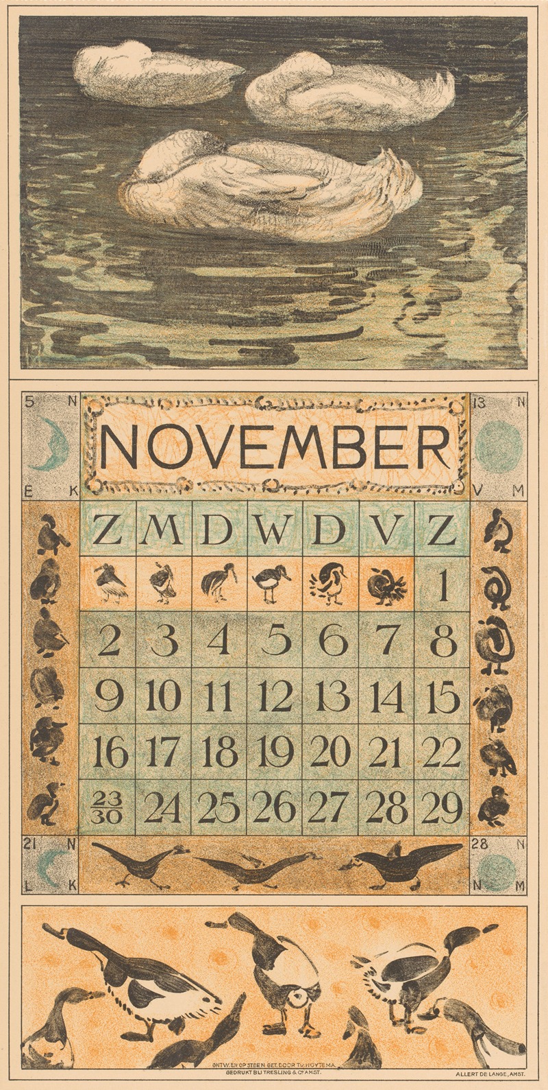 Theo van Hoytema - Kalenderblad november met drie slapende eenden
