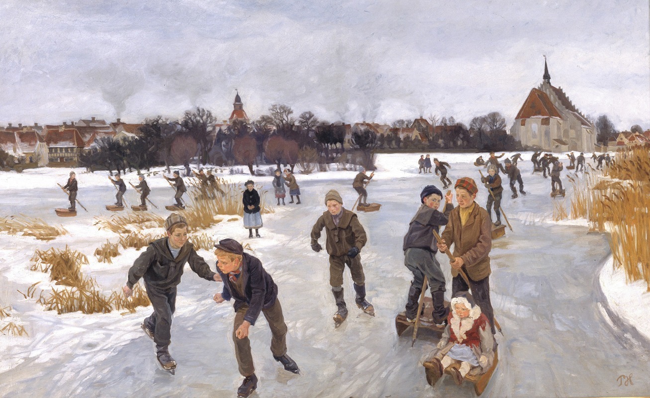 Peter Hansen - Children skating outside Fåborg